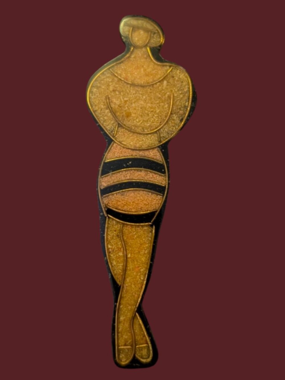 Vintage Lady Wood Resin Art Deco Style 3.13" Long Brooch Pin